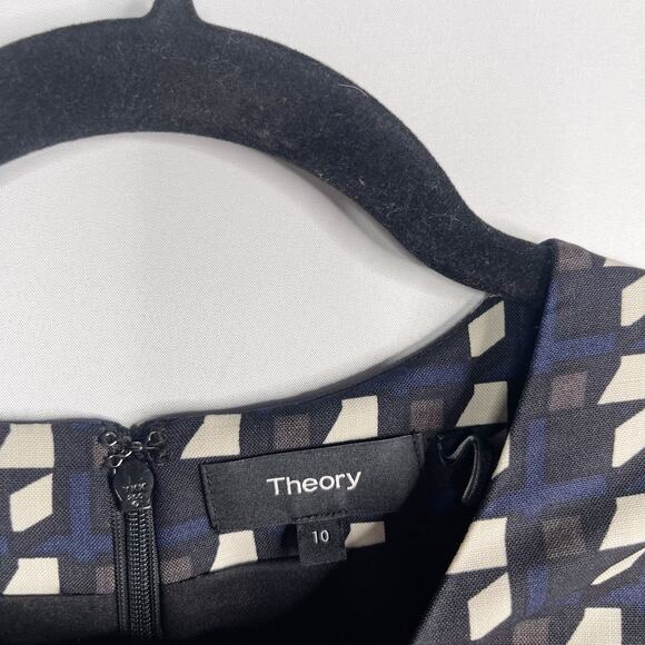 Theory 10 Black Blue Jatinn Geometric Plaid Tile Print Shift Dress Short Sleeve - Picture 9 of 11